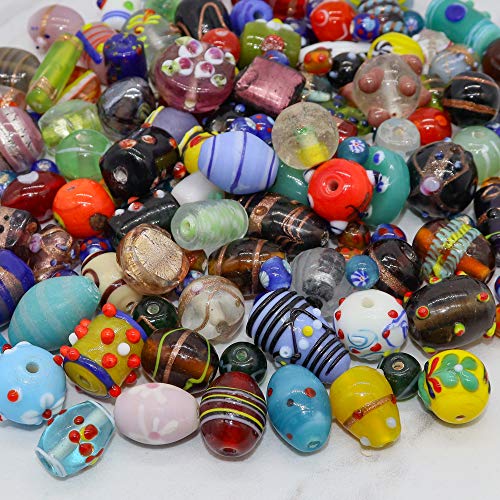 Assorted Glass Beads for Jewelry Making Adults, Bulk Glass Beads for Crafts, Lampwork Murano Bead Mix for Bracelets and Necklaces, Crafting Beads Supplies Kit, Large & Small Beads