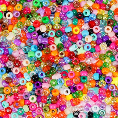 Pony Beads 1000+pcs Plastic 9mm Rave Kandi Spacer Bead for Jewelry Making, DIY Face Mask Hair Bead Bracelet Making Kit for Girls, Cute Heart Star Butterfly Shape Beads - color: Assortment