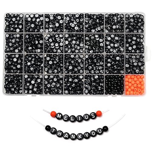 Melius Acrylic Black Letter Beads with Black and Orange Round Beads, 1450 Pcs Round Alphabet Beads in 28 Grid Box for Jewelry Making, DIY Friendship Bracelets, Necklaces, Key Chains - color: Black, size: 4x7mm