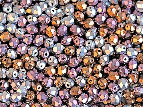 100 pcs Fire Polished Faceted Beads Round 4 mm, Jet Mix Heavy Metal, Czech Glass - color: Jet Mix Heavy Metal
