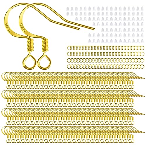 200 PCS/100 Pairs Earring Hooks Hypoallergenic 925 Sterling Silver Plated 18K Gold Tone Ear Wires Fish Hooks with 100 PCS Clear Silicone Earring Backs and 100 PCS Jump Rings for DIY Jewelry Making - color: 18K Gold
