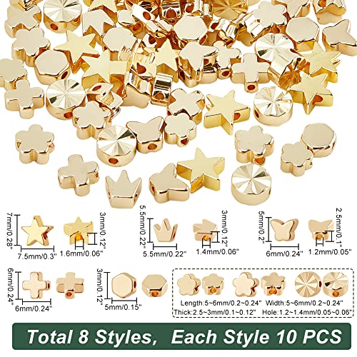 PH PandaHall 14K Gold Beads Spacers, 80pcs Flower Spacer Beads Metal Star Crown Cross Charm Long-Lasting Loose Beads for Necklace Bracelet Earring Wedding Valentine Mother's Day Thanksgiving 8 Styles