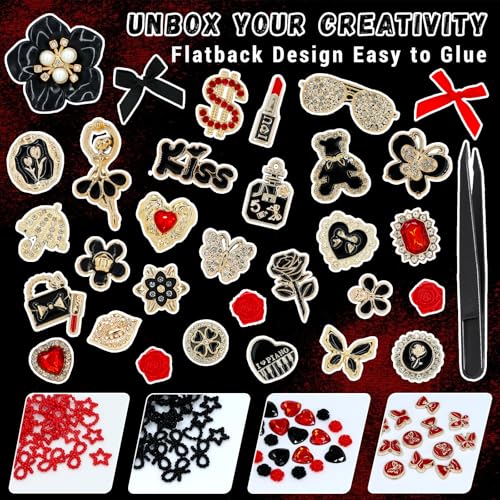 RidaaFri Junk Phone Case Charms Kit, 3D Flatback Rhinestone Gems with Red Black Bow Flower Butterfly Heart Rose, Large Charms Set for DIY Case Craft, Phone Making Supplies Women - color: Black/Red