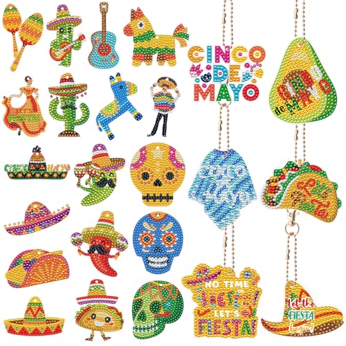 Huquary 24 Sets Cinco De Mayo Diamond Arts Keychains Mexican Fiesta Diamond Art Ornaments 5D DIY Crystal Rhinestone Crafts Kits Sombrero Taco Cactus Craft for Cinco De Mayo Mexican Holiday Gifts - style: Mexican