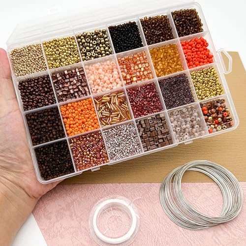 JINNBEY 24 Grids Mixed Style Seed Beads for Jewelry Making Kit, Glass Tubular Beads Glass Bugle Beads for Art and Craft Supplies, Beading Bracelet Set (with Memory Metal Wire)
