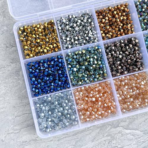 4500pcs 2mm Bicone Crystal Beads, Bulk Small Faceted Bicone Glass Beads for Jewelry Making DIY Craft Bracelet Necklace Earring with Container Box (15 Plated Metallic Colors) - size: 2mm