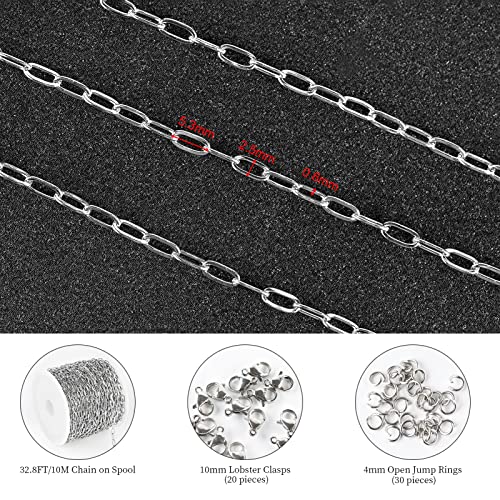 KYUNHOO 32.8 Feet 304 Stainless Steel Chain Bulk Silver Paperclip Chains for Jewelry Making Soldered Flat Oval Chains Link on Spool Paper Clip Chain Roll with Lobster Clasps and Jump Rings - color: Paperclip Silver