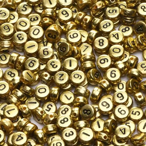 1000Pcs Acrylic Number Beads Round Number Round Beads 4x7mm Mixed Number Beads, for Jewelry Bracelets Necklaces Key Chains Making (Gold) - color: Gold