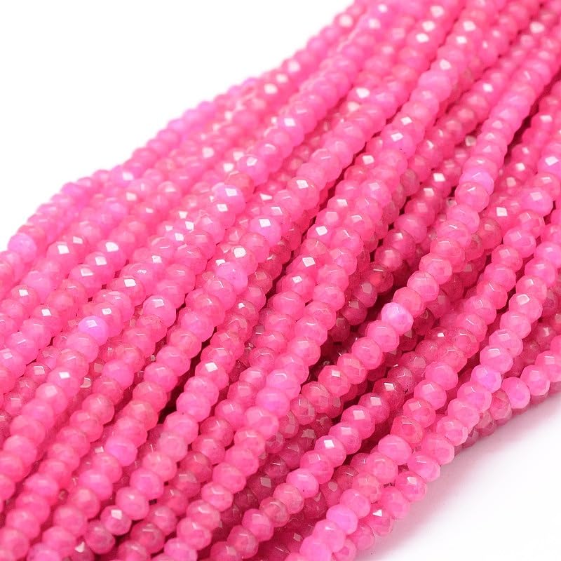 115pcs/strand Dyed Natural Jade Rondelle Beads, 4x2mm Faceted Crystal Stone Smooth Loose Spacer Beads for Jewelry Making Bracelets Earrings DIY Beading Craft Supplies, Deep Pink - color: Deep Pink