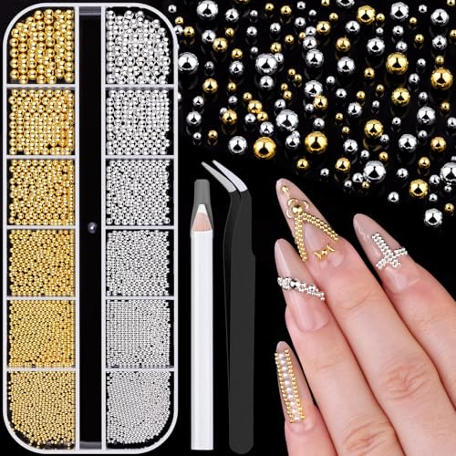 1-3MM Mini Small Nail Beads Metal Caviar Beads Silver Gold Nail Charms and Gems Ball, Nail Balls for Nail Art Accessories Supplies Gold Rhinestones for Women Manicure - color: 12 Small Silver and Gold Nail Beads