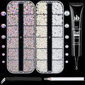 BELLEBOOST Nail Art Rhinestone Glue Gel&2 Boxes Flatback Gems Kit, 1 Tube of 15ml Rhinestone Gel Glue(UV/LED Needed)+Round AB Gems+Flat-Back Half Round White&Beige Pearls with Pickup Tools - color: A11-AB+ White & Beige Pearls