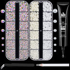 BELLEBOOST Nail Art Rhinestone Glue Gel&2 Boxes Flatback Gems Kit, 1 Tube of 15ml Rhinestone Gel Glue(UV/LED Needed)+Round AB Gems+Flat-Back Half Round White&Beige Pearls with Pickup Tools - color: A11-AB+ White & Beige Pearls