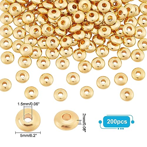 PH PandaHall 200pcs 18K Gold Flat Spacer Beads, 5mm Rondelle Heishi Beads Disc Loose Bead Metal Spacers for Heishi Clay Bead Summer Stackable Necklace Bracelet Jewelry Making - size: 1.5mm