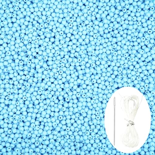 1000Pcs Light Blue Acrylic Round Beads, Smooth Plastic Spacer Beads Set with Beading Needle and 13Ft Elastic String Cord for Jewelry Making Bracelets Necklace Earring DIY Crafting Supplies - 6mm - color: Light Blue, size: 6mm