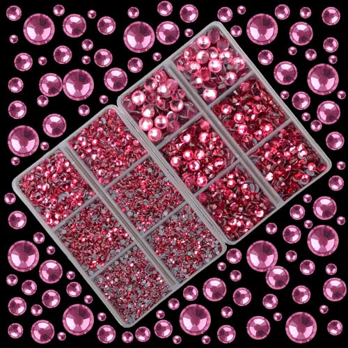 10000Pcs 2-Boxes Mixed Size Hot Fix Round Crystals Gems Glass Stones Hotfix Flat Back Rhinestones with Tweezers and Picking Pencil (Fuchsia) - color: Fuchsia, size: 2-Box (10000pcs)