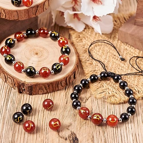 Cheriswelry 52Pcs 10mm Natural Gemstone Letter Beads - Agate Alphabet Healing Stone for Birthday Bracelet Necklace Jewelry Making - Black Red Crystal - color: Agate with Letter-Mixed Color*2