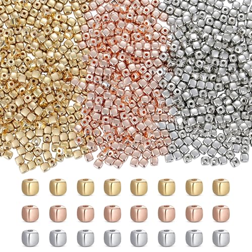 XIANNVXI 500Pcs Square Spacer Beads for Jewelry Making - Smooth Loose Beads for DIY Bracelets & Necklaces (Gold, Silver, Rose Gold) - color: Square spaced beads 3 colors