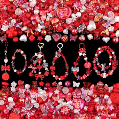 200-260PCS TINKRSTUFF Assorted Acrylic Beads Red Cute Beadsfor Bracelet Making, Bow Flower Butterfly GummyBear Kawaii Charms, Aesthetic Bead for Necklace Keychain Jewelry Making DIY Phone Charm - color: Red