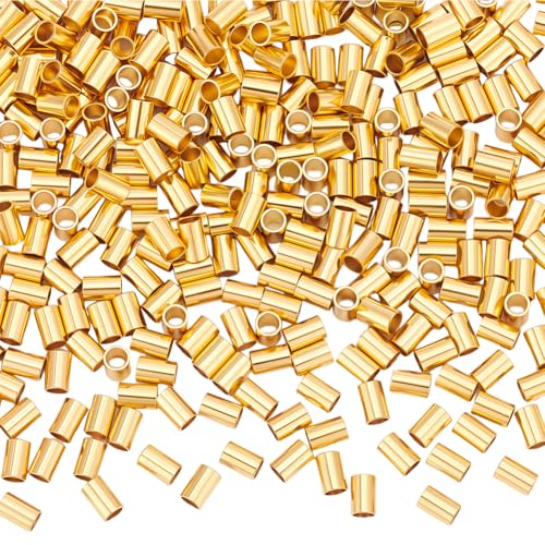 Beebeecraft 1 Box 300Pcs Tube Crimp Beads, 3x2mm Golden Stainless Steel Column Positioning Stopper Crimp Beads Cord End for Jewelry Making Bracelet Necklace - size: 3x2mm