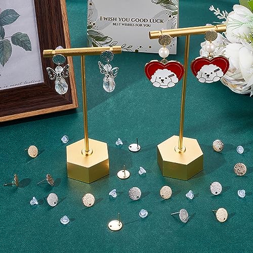 Beebeecraft 32Pcs 2 Colors Flat Round Earring Findings 18K Gold & Platinum Plated Frosted Surface Round Earring Post with Hole and 40Pcs Plastic Ear Nuts for Earring Jewelry Making - color: Gold and Silver