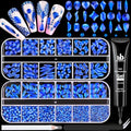 Royal Blue Glass Nail Rhinestones - 1680 Pcs Multi Shapes + 1500 Pcs Round Crystal with Glue Gel for Nail Art - color: Royal Blue with Glue