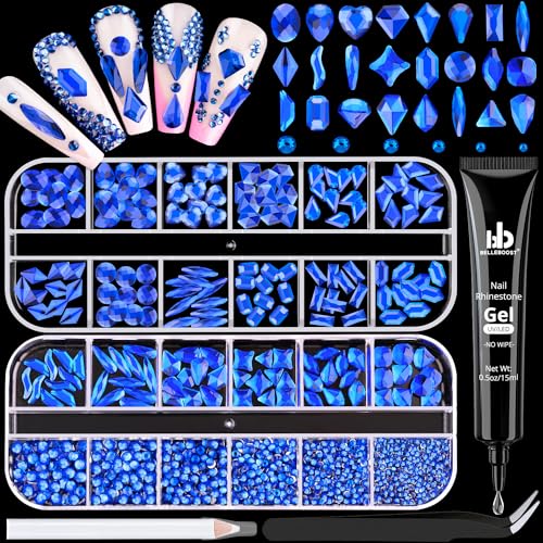 Royal Blue Glass Nail Rhinestones - 1680 Pcs Multi Shapes + 1500 Pcs Round Crystal with Glue Gel for Nail Art - color: Royal Blue with Glue