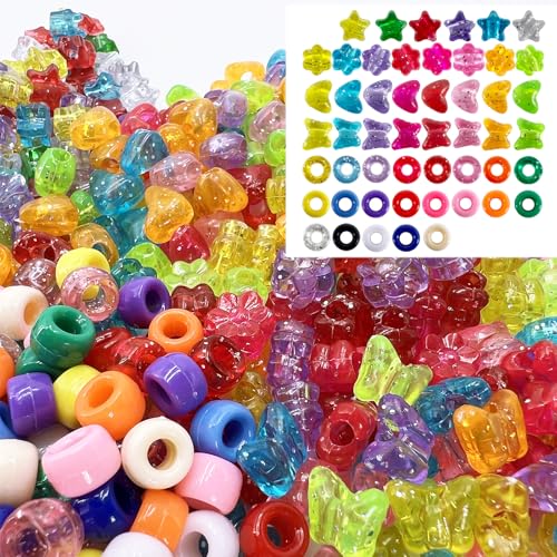 MIIIM 1000Pcs 6x9mm Pony Beads Shapes in 5 Styles 21 Colors, Heart, Star, Butterfly, Flower, Assorted Kandi Beads for Friendship Bracelet, Big Hole Hair Braids Crafts, Jewelry Making (Multi-Glitter) - color: Multi-Glitter