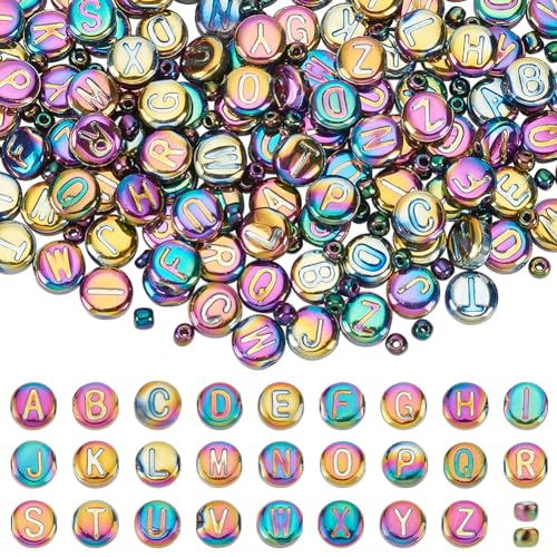 PH PandaHall 244pcs Glass Letter Beads - 10mm Flat Round Alphabet Rondelles, Multicolor Plated Small Spacer Beads for Crafts Key Chains Necklace Jewelry Making