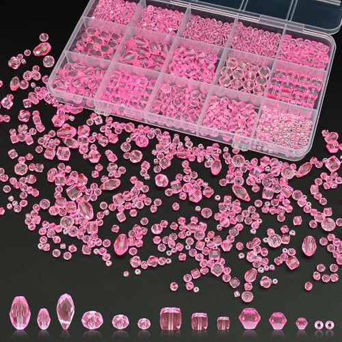1500 Pcs Crystal Glass Beads for Jewelry Making – 12 Styles Bicone, Rondelle, Cube, Teardrop & 3mm Spacer Beads, DIY Bracelet Necklace Earring Craft Kit with Organizer Box(Light Rose Red) - color: Light Rose Red