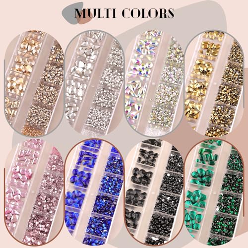 Royal Blue Glass Nail Rhinestones - 1680 Pcs Multi Shapes + 1500 Pcs Round Crystal with Glue Gel for Nail Art - color: Royal Blue with Glue