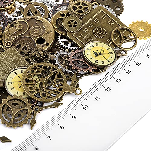 ZOOFOX 300 Gram Gears Charms, Mixed Vintage Bronze Watch Cog Wheel Set, DIY Metal Steampunk Pendant for Crafting, Jewelry Making Accessory