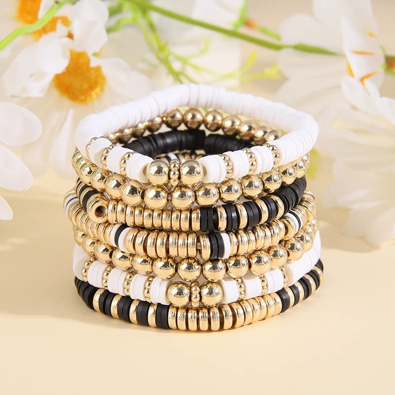 Pingyongchang Heishi Gold Beaded Bracelets Set for Women Men Bohemian Polymer Clay Colorful Surfer Vinyl Disc Stretch Layering Stackable Friendship Boho Bracelet Summer Beach Jewelry Gifts - color: Black