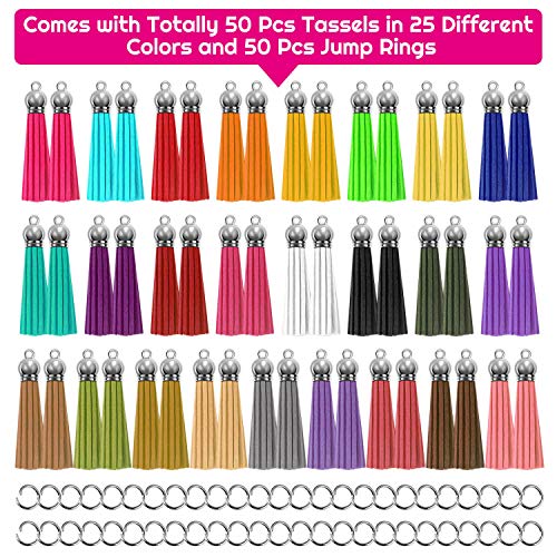 Paxcoo Tassels for Jewelry Making, 50pcs Leather Tassel Keychain Charms Bulk with 50pcs Jump Rings for Jewelry Making, Bracelets, Acrylic Key Chain Blanks and Craft Supplies - size: 55 mm