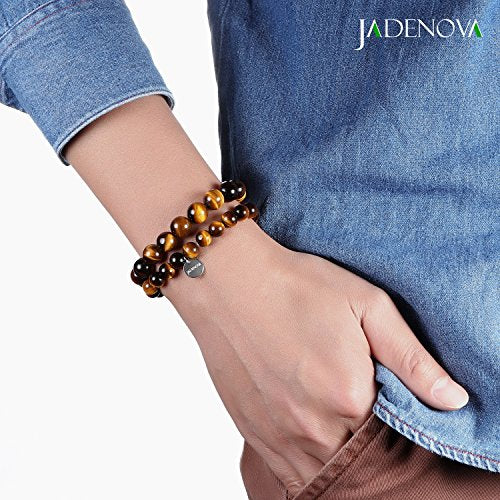 JADENOVA Natural Bead Bracelet Semi Precious Gemstone Beaded Bracelet for Women Healing Crystal Stone Stretch Bracelet Men Couple Bracelets (2pcs,6-8mm/8-10mm) - color: Yellow Tiger Eye, size: 8mm/10mm