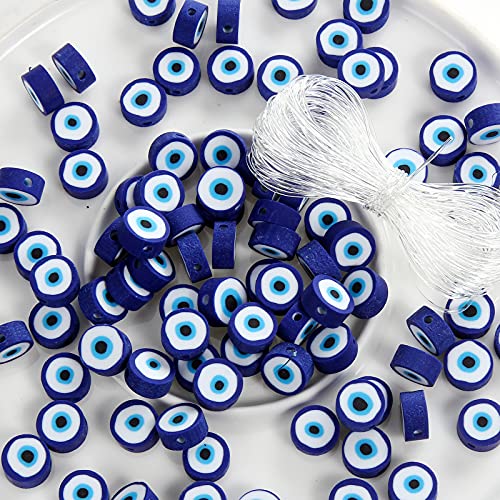 100pcs Evil Eye Polymer Clay 10mm Spacer Beads for Women Jewelry Making DIY Bracelet Necklace Hair Clip Accessories (Blue Evil Eye) - color: Blue Evil Eye