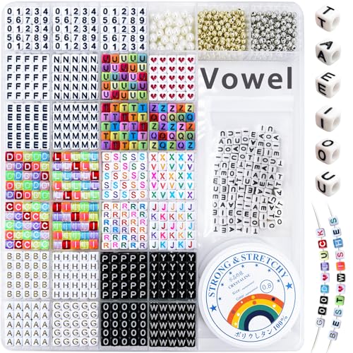 MIIIM 1650 Pcs Pony Beads Letters for Bracelets Making, Vowel-Rich Alphabet Kit with Minimized Rare Characters, 6x7mm Large Hole Square Letter Beads, Numbers (Six Styles) - color: Square Six Style Colors