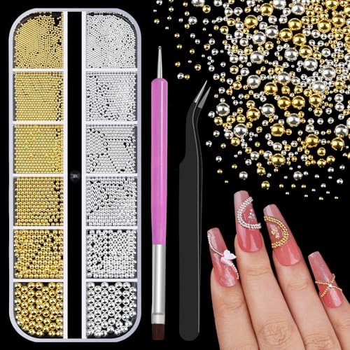 3D Mini Small Metal Stainless Steel Caviar Nail Beads Balls, 0.8-3mm Gold Silver Alloy Nail Art Chain Charms Studs with Tweezers and Dual-end Brush (1-K1-metal-beads) - color: 1-K1-metal-beads