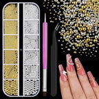 3D Mini Small Metal Stainless Steel Caviar Nail Beads Balls, 0.8-3mm Gold Silver Alloy Nail Art Chain Charms Studs with Tweezers and Dual-end Brush (1-K1-metal-beads) - color: 1-K1-metal-beads