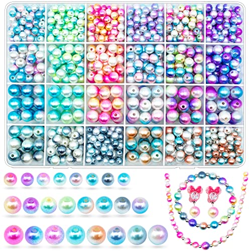 1150 pcs Gradient Mermaid Imitation Pearl Beads for Craft, Faux ABS Smooth Filler Rainbow Assorted Sizes 6mm 8mm 10mm Pearl Beads for DIY Jewelry Earrings Necklaces Bracelets Making