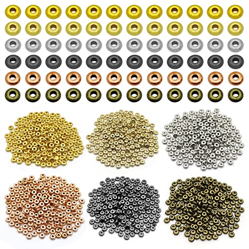 1200pcs Flat Round Rondelle Spacer Beads for DIY Crafts,6 Colors Disc Spacer Loose Beads Spacers Beads for DIY Jewelry Making,Bracelet Necklace Earring Bracelet Crafts Supplies - color: 1200pcs;Gold,K gold,White k,Gun black,Red bronze,Antique cyan