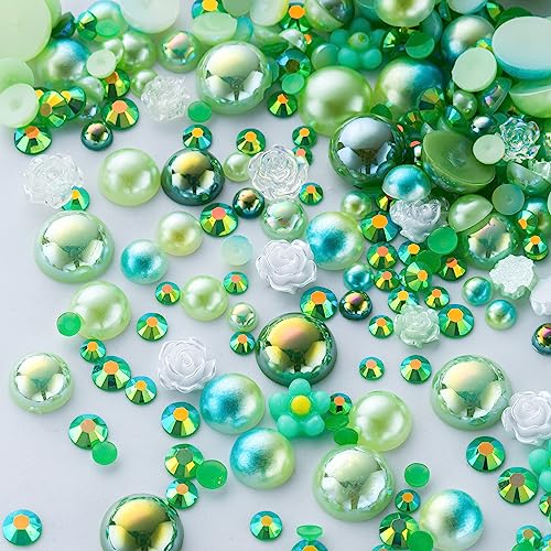 160g Cyan Green Flat Back Pearls Rhinestones for Crafts Mixed Size 3mm-10mm AB Color Round Half Pearls Flatback Pearl Beads and Resin Rhinestones Set for Face Art - color: Cyan-Green Series, size: 160g