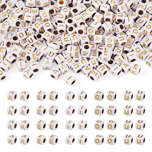 FASHEWELRY 500Pcs Acrylic Cube Vowel Letter Beads Gold Letter Beads 6mm Square A/E/I/O/U Initial Alphabet Beads Friendship Bracelet Letter Beads for Jewelry Making - color: 00-A/E/I/O/U-Gold, size: 6x6x6mm