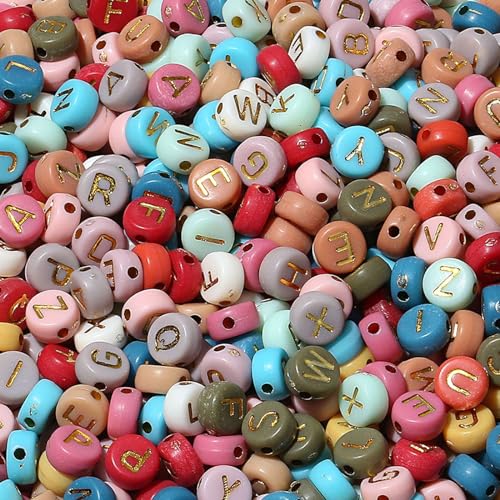 LAIDANLA 1500PCS Acrylic Letter Beads Alphabet Gold Letters Retro Colored Round Bead 7×4mm for Jewelry Bracelets Necklaces Key Chains Making - color: M-Gold Letter Retro Colored Beads