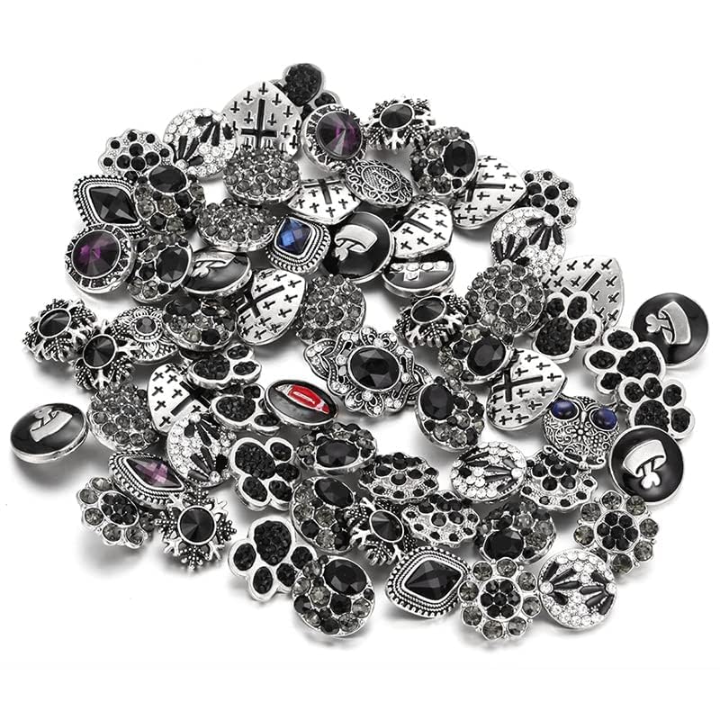 10PCs Mixed Style Rhinestones Snaps Jewelry Charms Buttons 18/20mm for Interchangeable Snaps Jewelry Making Women DIY Button Bracelets Necklaces Rings Brooch Accessories (Black) - color: Black
