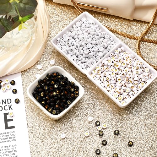 DECYOOL 1900pcs Letter Beads,Acrylic Alphabet Beads with 1 Roll Elastic String for Bracelet Necklace Jewelry Making Supplies (Gold&Silver&Black) - color: Gold&Silver&Black