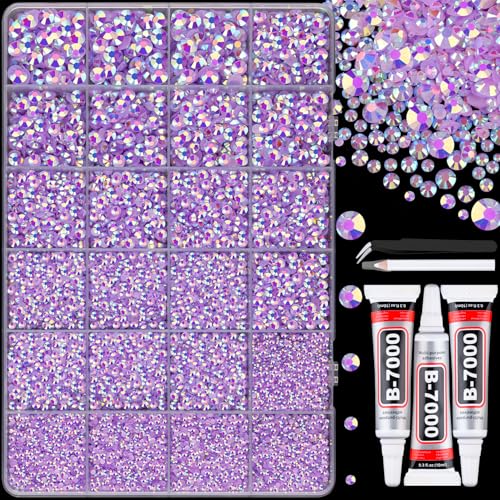 25000Pcs Resin Jelly Rhinestones with Tweezers for Crafting, Lavender Purple AB Flatback Gems, Bedazzling Crystal with 3Pcs 10ml B7000 Jewelry Glue for DIY Crafts Clothing Tumblers Shoes Nail Art - color: Lavender Purple AB, size: Large Pack + 3Pcs Glue