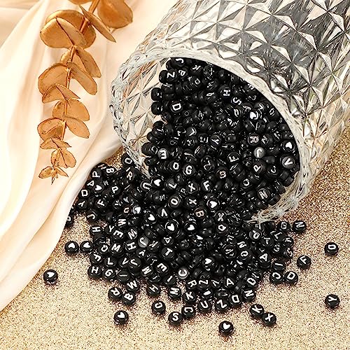 Letter Beads, DECYOOL Acrylic Alphabet Beads with 1 Roll Elastic String for Bracelet Necklace Jewelry Making Supplies (Black White) - color: Black White