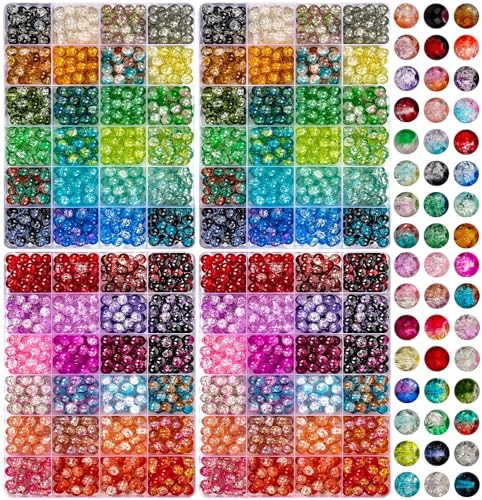 XSEINO 2400 Pieces 8mm Crack Glass Beads for Jewelry Making,48 Dazzling Colors Round Glass Beads for Making and DIY Crafts - color: 4Box Crackle Glass Beads