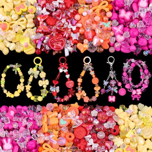 210-270PCS TINKRSTUFF Assorted Acrylic Beads, 4 Colors Mixed Cute Beads for Bracelet Making, Bow Flower GummyBear Kawaii Charms, Aesthetic Bead for Necklace Keychain Jewelry Making DIY Phone Charm - color: 4 Color Series-Red+Orange+Yellow+Rose Pink