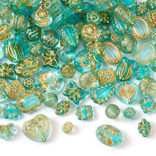 Beadthoven 47Pcs Assorted Bohemia Acrylic Beads for Jewelry Making, Metal Enlaced Turquoise Aesthetic Beads Heart Butterfly Flower Round Oval Czech Beads Bulk for Bracelet Earring Necklace DIY Crafts - color: Deep Sky Blue